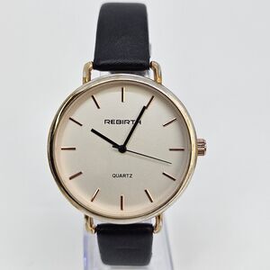 Rebirth Women's Watch 41MM Gold Dial Black Leather Bands New Battery